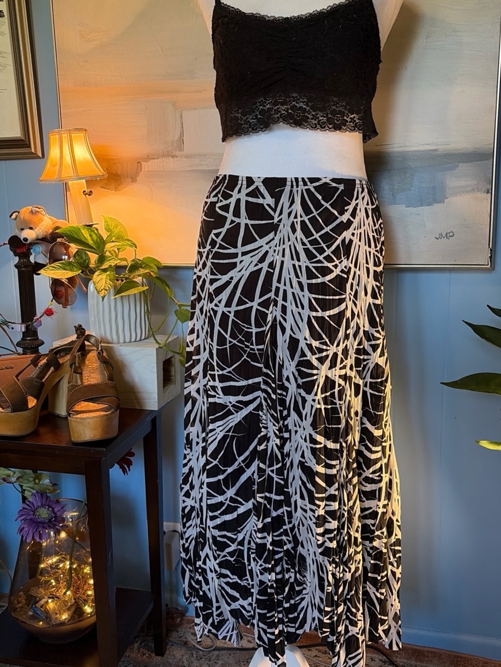 RAFAEL Black and White Abstract Print Maxi Skirt
